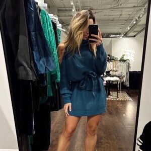 12th Tribe Jeni Teal Mini Sweater Dress